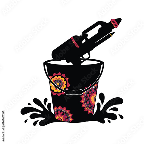 Silhouette of a colorful bucket with a water gun and splashes decorated with indian mandala patterns