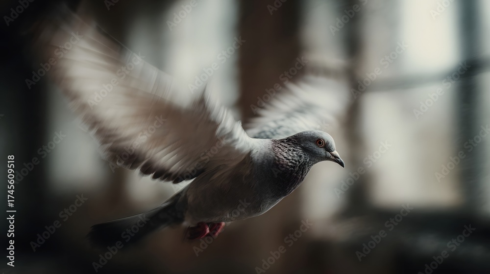 Obraz premium A pigeon in flight captured with motion blur on its wings soaring indoors with natural light illuminating its detailed plumage