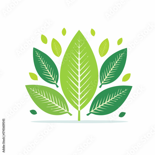 Symmetrical composition of stylized green leaves forming an elegant emblem, symbolizing nature, organic growth, and environmental wellness