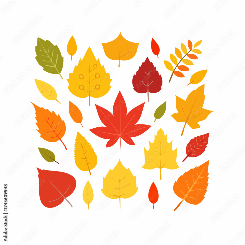 Obraz premium A vibrant collection of colorful autumn leaves of various trees, isolated on a white background in a flat design style