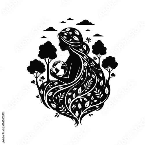 Silhouette of mother earth embracing the globe surrounded by trees and foliage