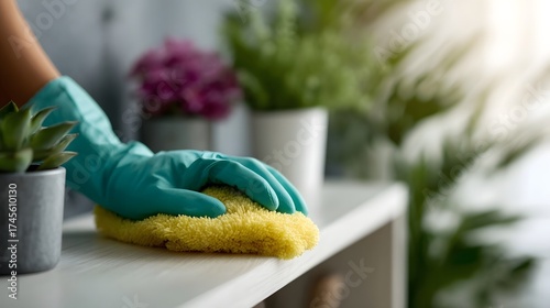 Person wearing a teal glove cleans a surface with a yellow sponge surrounded by indoor plants