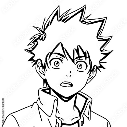 A black and white anime-style drawing of a surprised young man with spiky hair.