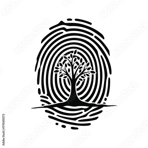 Stylized black silhouette of a tree with roots growing inside a fingerprint pattern on a white background
