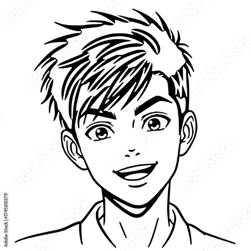 A black and white illustration of a smiling young man with styled hair.