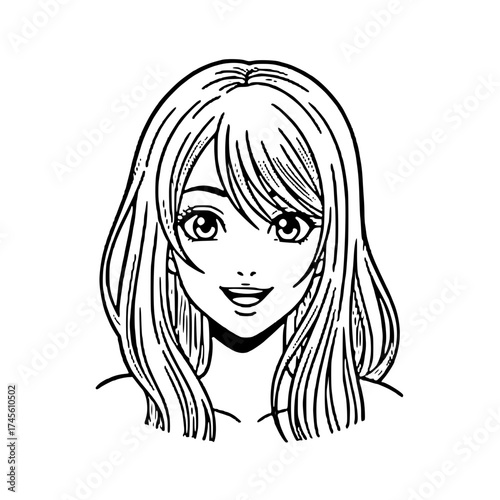 A detailed black and white illustration of a smiling anime-style young woman with long flowing hair.