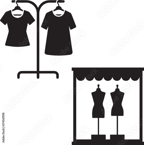 Clothing Store Display with Mannequins and Hanging T-Shirts Silhouette