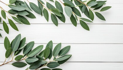 Green eucalyptus branches on a white, wooden background for natural design