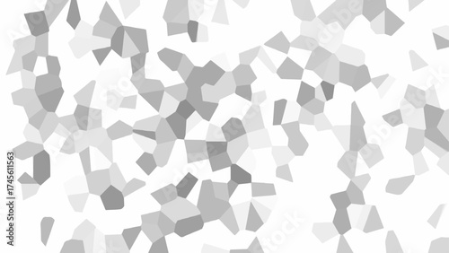 Abstract geometric pattern with irregular polygonal mosaic shapes in grayscale tones. Soft transitions between light and dark gray areas create a minimalist modern background for design and texture