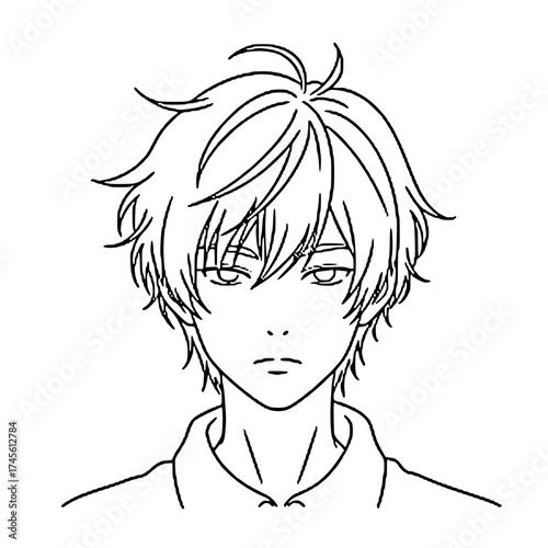 A black and white line drawing of a young man's face, looking forward.