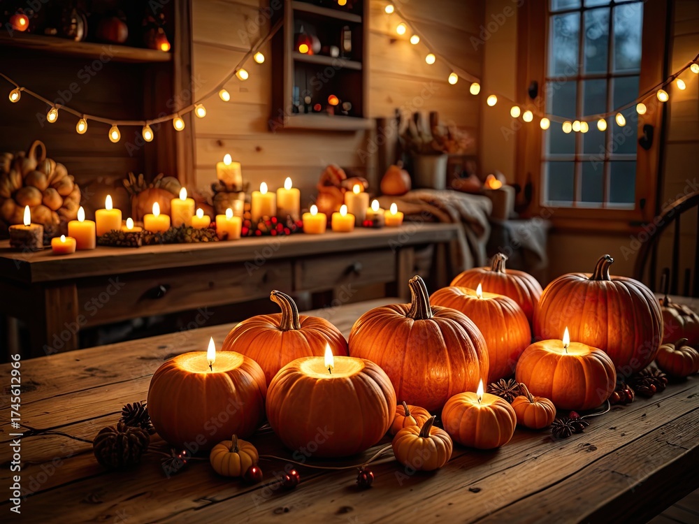 Fototapeta premium Cozy autumn scene with pumpkins, candles, and string lights. Rustic wood table
