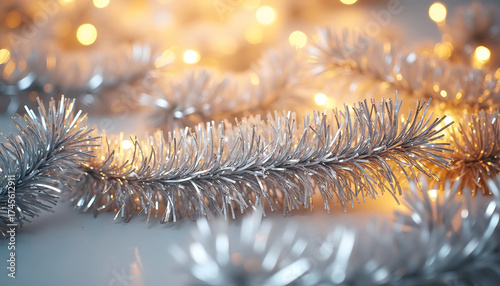 Silver tinsel garland with warm lights on soft bokeh background  
