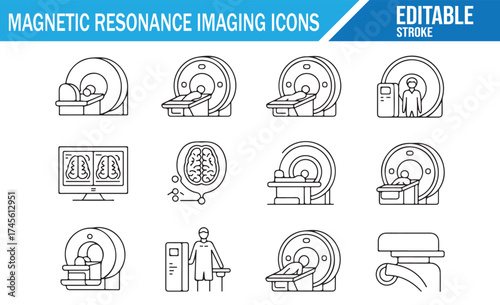 Set of Editable Icons for MRI Equipment in Healthcare