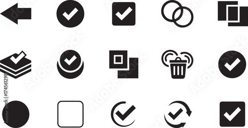 Collection of black and white checkmark and symbol icons tick