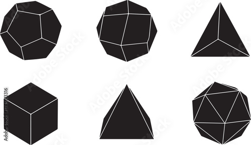 Six Geometric Polyhedron Shapes Including Cube and Dodecahedron geometric shapes polyhedra