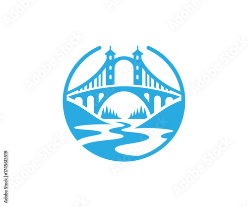 Illustration of a blue bridge over a winding river