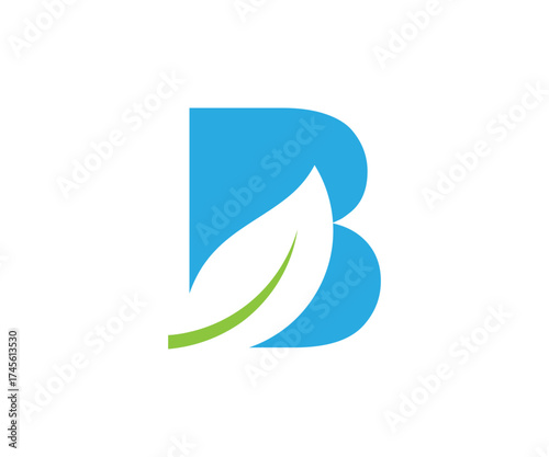 Blue letter b with a leaf inside the shape design
