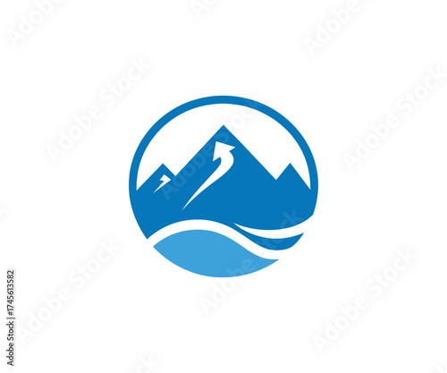 Blue mountain range with arrow in circular frame