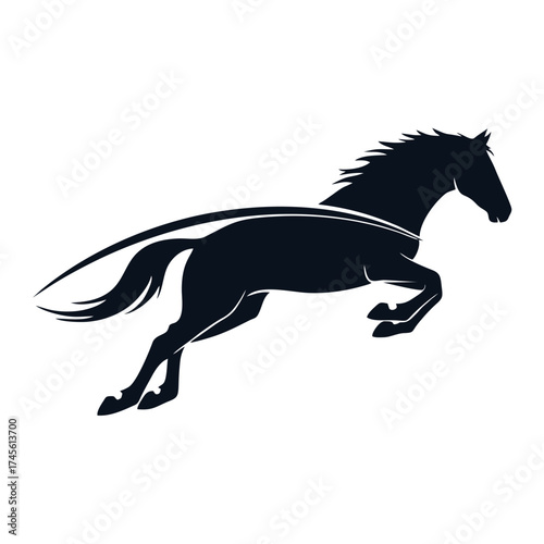 Stylized silhouette of a powerful jumping horse, a dynamic vector graphic illustration. Elegant stallion mascot or logo design element. 0-12