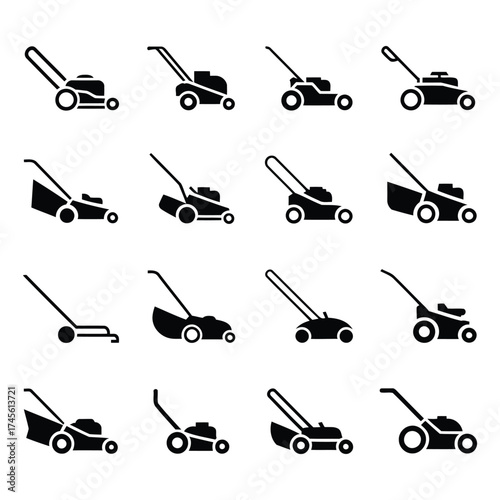 Collection of black and white silhouette icons of various lawn mowers