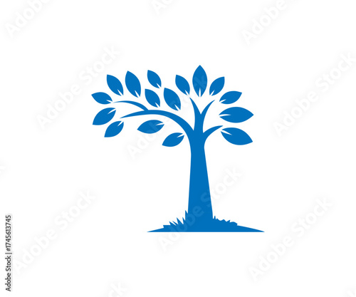 Illustration of a blue tree with leaves on white background