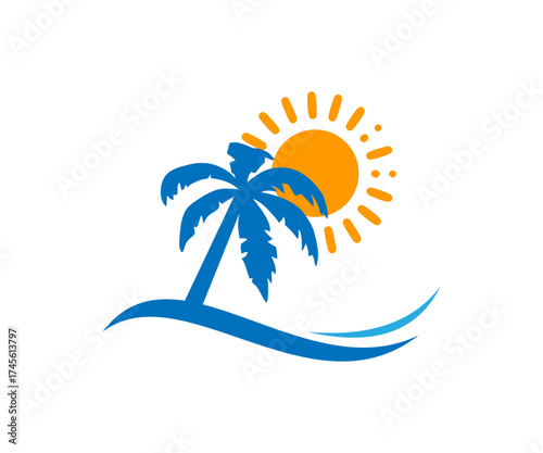 Palm tree sun and wave design on a white backdrop