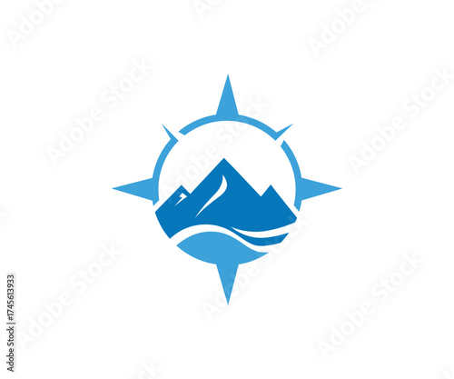 Blue mountains with compass and water vector logo