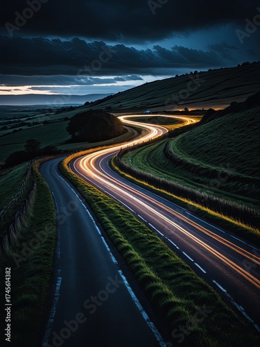 Winding road with light trails amidst green hills under a dramatic sky