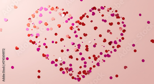 Heart-shaped confetti on pink background, romantic and playful style, love and celebration concept with copy space