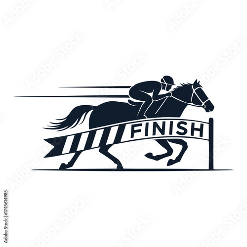 Vector illustration of a thoroughbred racehorse and jockey crossing the finish line banner in a derby competition