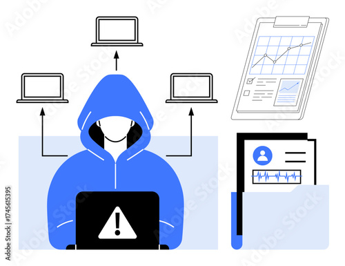 Hooded figure at laptop with warning sign, files with graphs and biometric data, network of connected laptops. Ideal for data protection, hacking, privacy, threats, network security, cybercrime