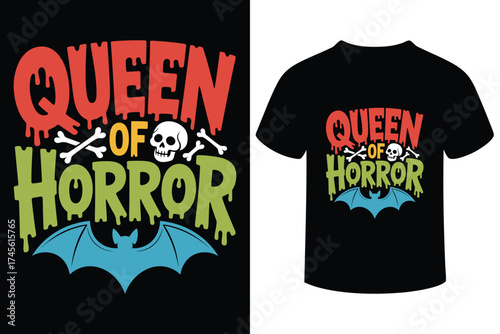Queen of horror halloween t shirt design with bat and skull
