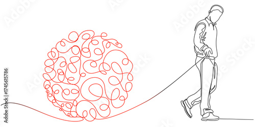 Line art of a man pulling tangled red rope symbolizing problem solving and overcoming challenges	