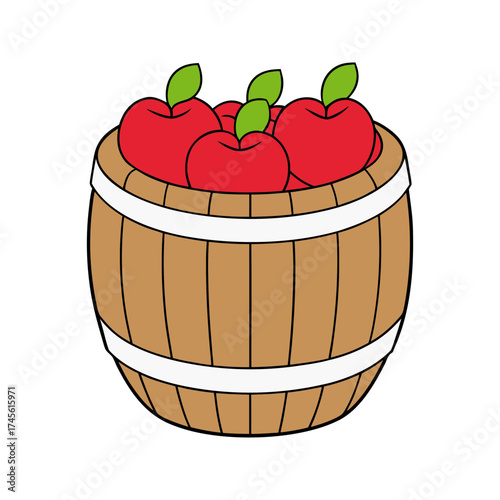 A wooden barrel overflowing with ripe red apples and green leaves against a solid black background representing harvest and abundance