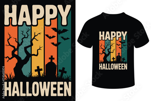 Retro happy halloween t shirt design with spooky elements