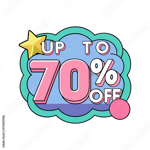 Bright and bold up to seventy percent off sale announcement graphic with a yellow star and pink circle accents on a cloud shape