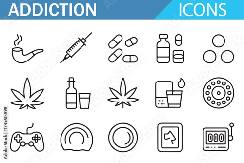 Set of Addiction Icons for Mental Health, Rehabilitation, and Wellness