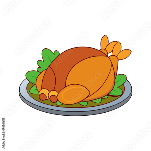 A cartoon illustration of a whole roasted chicken or turkey served on a platter with green garnish perfect for holiday feasts and culinary themes