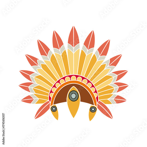 Vibrant native american headdress illustration with stylized feathers and geometric ornaments on a black background