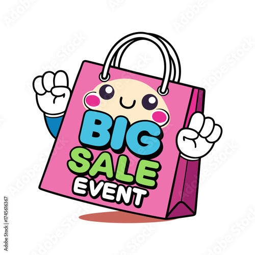 Cute kawaii shopping bag character with big sale event text and raised fists celebrating a successful shopping spree