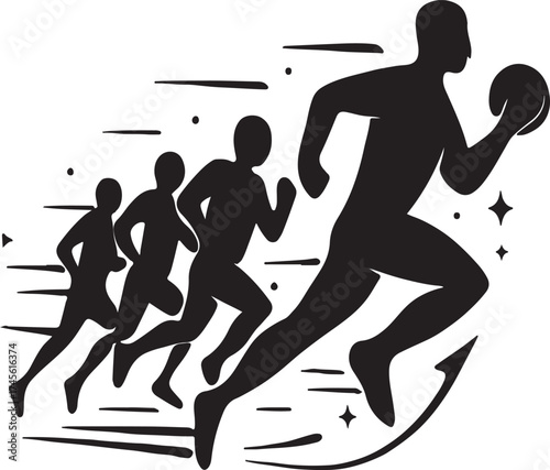 Dynamic silhouette of a runner leading a pack of athletes in a sprint race with a ball