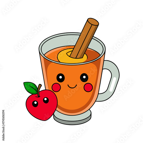 Cute kawaii apple cider mug with cinnamon stick and red apple illustration
