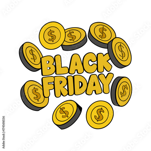 Golden coins with dollar signs surround the words black friday in bold yellow letters against a black background symbolizing savings and discounts