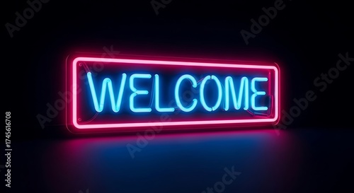 Vibrant Welcome Neon Sign Glowing in the Dark with Reflection