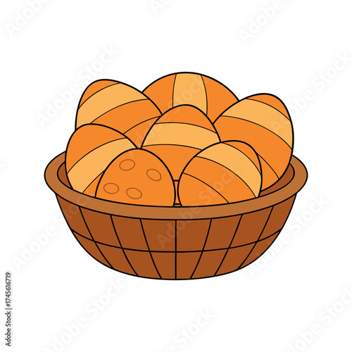 Freshly baked bread rolls in basket, flat style vector illustration, simple bakery design on white background, clean minimal art, no gradient color, isolated food icon concept for stock image
