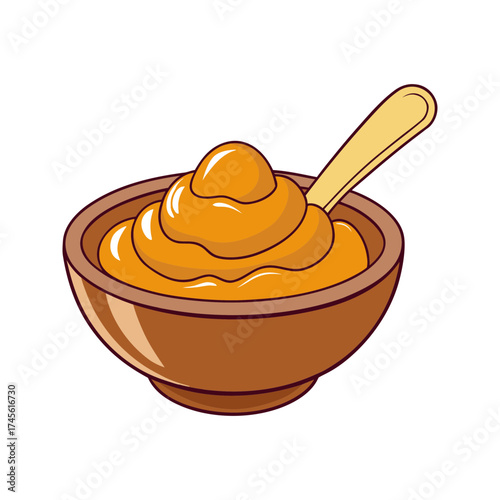 Delicious bowl of mashed potatoes with gravy and spoon – clean vector illustration of tasty creamy food, homemade comfort meal, minimal flat design isolated on white background for restaurant menu