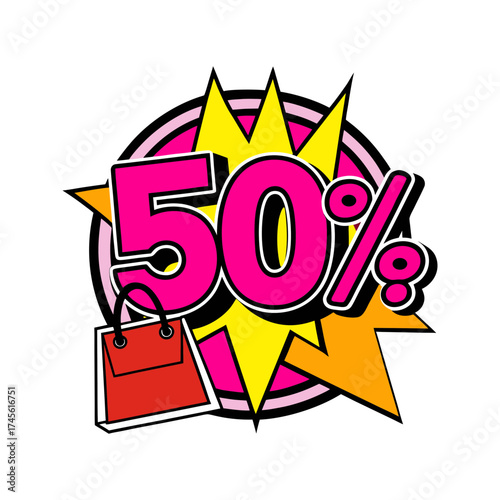 Vibrant comic style graphic featuring a large pink fifty percent sign with a red shopping bag and a yellow starburst explosion on a black background