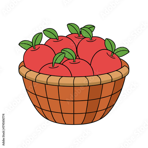 A delightful cartoon illustration of a woven basket overflowing with ripe red apples each adorned with a fresh green leaf set against a solid black background