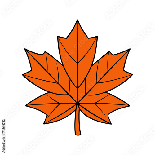A stylized illustration of a vibrant orange maple leaf with bold black outlines against a solid black background symbolizing autumn and canadian identity