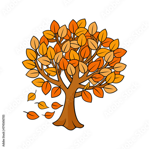 Stylized autumn tree with falling leaves in warm orange and yellow colors against a black background representing the changing seasons and nature s beauty